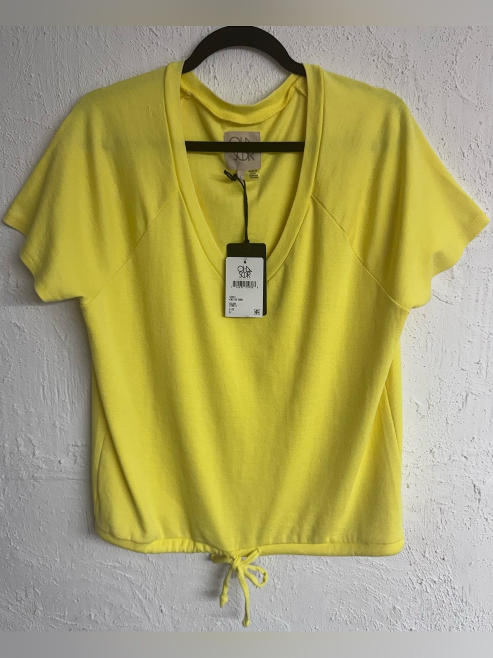 Chaser Brand Short Raglan Sleeve V-Neck Tie-Front
Drawstring Knit Top